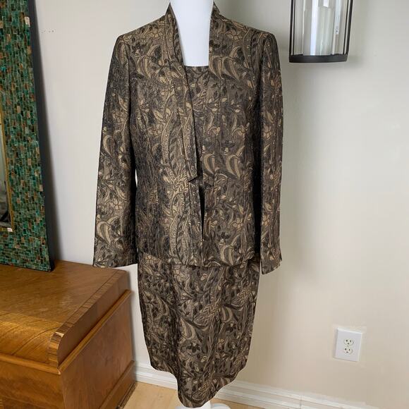Kasper Size 12 2-Piece Dress Suit w/ Blazer Jacket Floral Jacquard Gold Brown - Picture 2 of 12